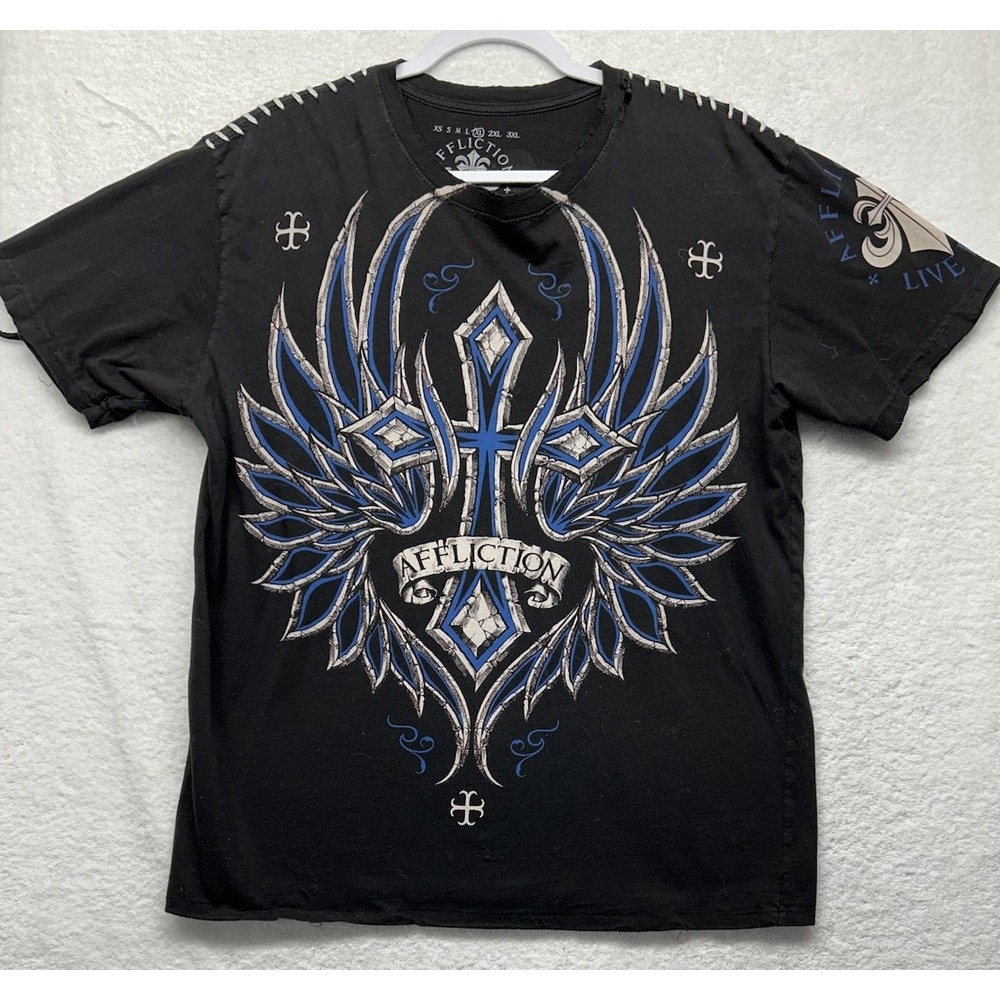 Affliction Mens Size XL Black Live Fast Cross Wings Grunge T-Shirt (J9)